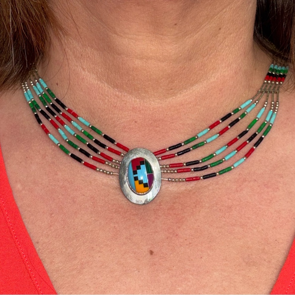Native American Sterling Silver Multicolor Beaded Necklace - Women Jewelry